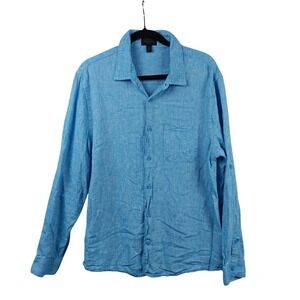 MAGASCHONI MAN Blue Linen‎ Blend Long Sleeve Button Up Shirt Men Size L